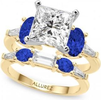 Allurez Princess Cut Lab Grown Diamond & Oval Blue Sapphire Bridal Set 18K Yellow Gold (5.17ct)