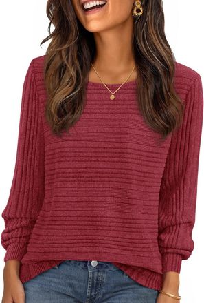Merokeety Womens 2025 Fall Lightweight Sweater Shirt Long Sleeve Boat Neck Ribbed Knitted Tunic Pullover Tops, Wine, L