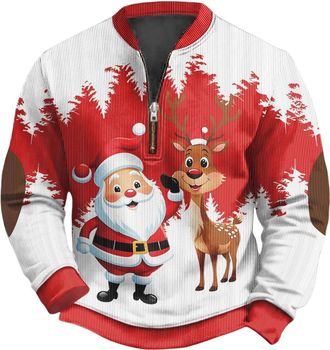 Generic Mens Christmas Sweatshirt 1/4 Zip Pullover Ugly Xmas Jumper Funny Graphic 3D Printed Long Sleeve Festive Holiday Novelty Winter Pullover Tops