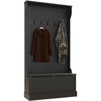 HOMCOM Homcom Perchero Zapatero, Perchero Entrada Recibidor Con Banco De Almacenamiento Y 5 Ganchos, Estilo Moderno 96x34x179,7 Cm, Negro