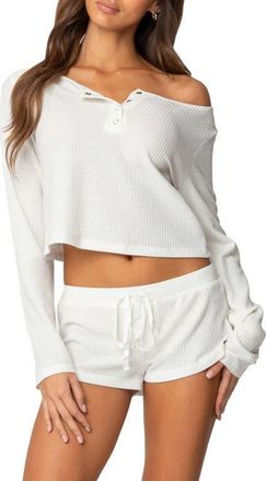 Edikted Teddy Waffle Knit Crop Henley in White at Nordstrom, Size X-Large