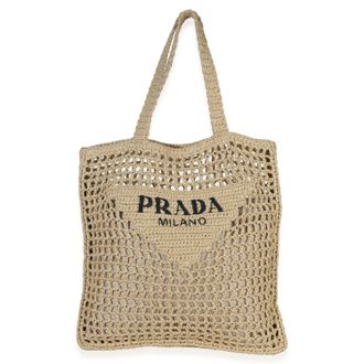 Prada Raffia Effect Logo Crochet Tote