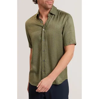 Ted Baker Allistr Check Short Sleeve Button-Up Shirt in Khaki at Nordstrom, Size 2