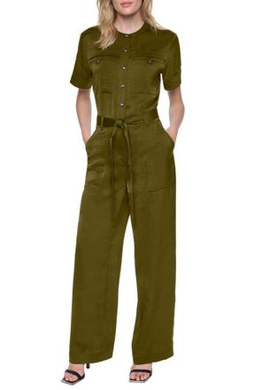 DKNY Tie Waist Satin Utility Jumpsuit in Dark Olive at Nordstrom, Size 12