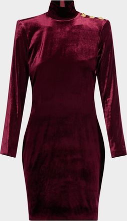 Balmain Turtleneck Button-Shoulder Velvet Mini Dress