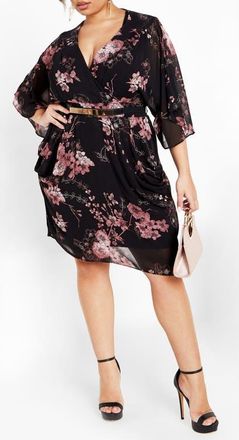 City Chic Bold Blossom Belted Floral Dress in Black Print at Nordstrom, Size Xxs