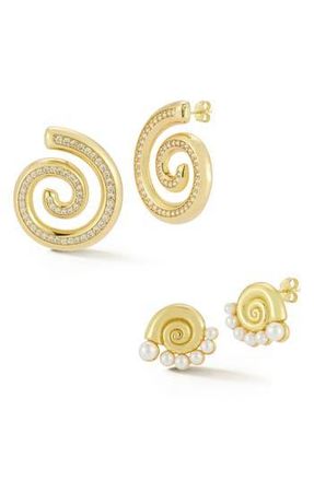 Glaze Jewelry Assorted 2-Pack Cubic Zirconia Pav&eacute; Shell & Freshwater Pearl Stud Earrings in Gold at Nordstrom Rack