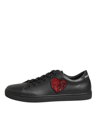 Dolce & Gabbana Black Leather Crystal Heart Sneakers Womens Shoes