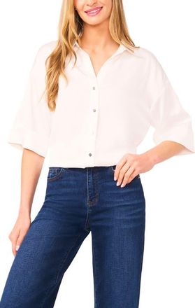 CeCe by Cynthia Steffe Three-Quarter Sleeve Satin Button-Up Shirt in New Ivory at Nordstrom, Size X-Large