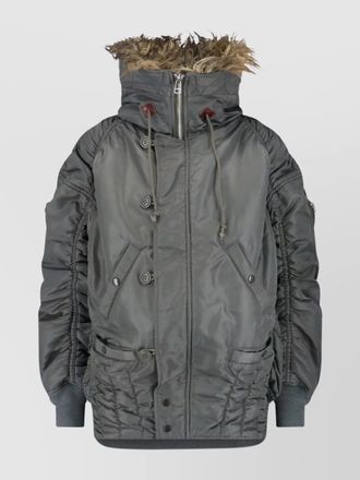 Junya Watanabe quilted jacket with drawstring hood and fur trim