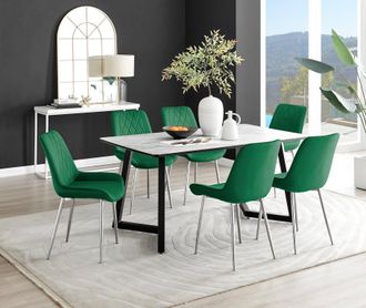 Furniturebox Carson White Marble Effect Dining Table & 6 Pesaro Silver Chairs in Green