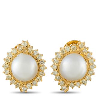 Luxury Bazaar 18K Yellow Gold 1.60ct Diamond and Pearl Cluster Earrings MF25-080726