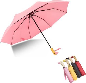 Generic Duck Umbrella Cartoon Folding Umbrella Wooden Handle Compact Umbrella Sun Travel Umbrellas (2-pink)