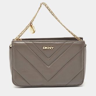 DKNY Dkny Grey Leather Chevron Chain Clutch