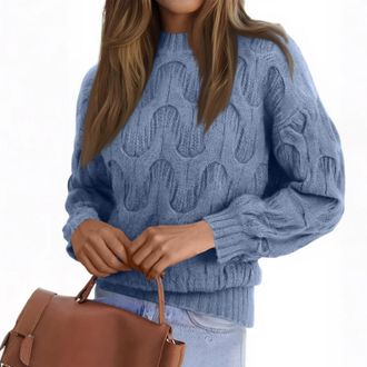 Generic Jumpers for Women Long Sleeve Crew Neck Knit Sweater with Wavy Pattern Casual Relaxed Fit Fashion Oversized Ladies Pullover Blue XL