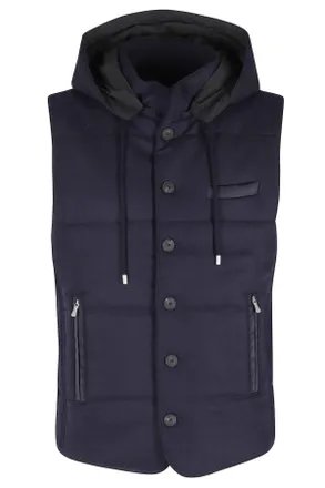 Gran Sasso Blue Quilted Flannel Hooded Wool Gilet