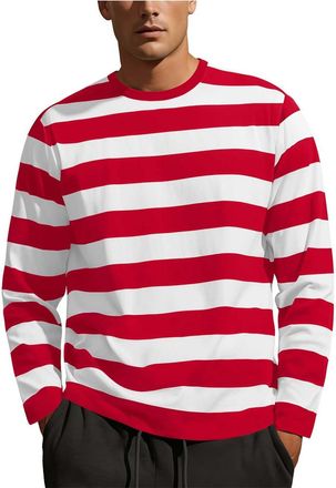 Generic Mens Clothing Holiday for Men Muscle Fit 2025 Gift Mens Striped Full Print Shirt Long Sleeve Crewneck T Shirts White Tshirt (Red, XXXL)