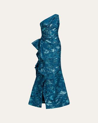 Teri Jon Metallic Jacquard One-Shoulder Side-Ruffle Gown