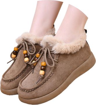 Generic Womens Suede Platform Loafers with Fur Lined Fashion Suede Furry Collar Slip On Winter Ankle Boots Winter Outdoor Daily Work Walking Shoes (Khaki,6.5)