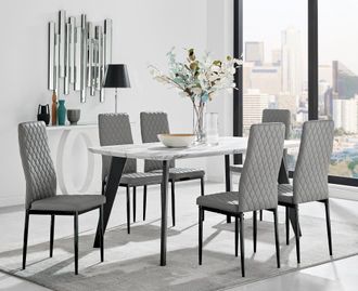 Furniturebox Andria White Marble Effect & Black Leg 6 Seater Dining Table & 6 Milan Faux Leather Chairs in Grey
