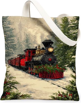 Generic Christmas Vintage Train Canvas Tote Bags, Rustic Holiday Scene Lightweight Washable Shoulder Strap Reusable Grocery Bags Fo, Red, 13x15 Inch