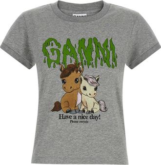 Ganni Grey Crew Neck Graphic T-Shirt