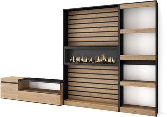 Skraut Home Muebles De Sal&oacute;n Para Tv, Conjunto De Muebles Comedor, 320x186x35cm, Chimenea El&eacute;ctrica, Estilo Moderno, Roble Y Negro - Skraut Home