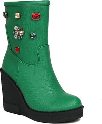 Generic Womens Platform Round Toe Wedge Heel Ankle Boots with Rhinestones Decor Comfort Slip On Winter Shoes (7.5,Green)