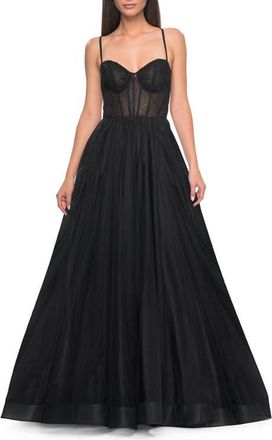 La Femme A-Line Tulle Gown with Rhinestone Fishnet Bodice in Black at Nordstrom, Size 00