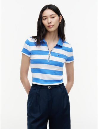 Tommy Hilfiger Womens Slim Fit Rugby Stripe Zip Polo - Blue - XXL
