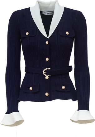 Self Portrait Ribbed Knit Cardigan With Contrasting Collar And Pearl-Embellished Belt