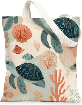 Generic Turtle Canvas Tote Bags, Ocean Life Design Reusable Grocery Bags, Summer Retro Lightweight Washable Shoulder Strap Canvas F, Beige, 13x15 Inch