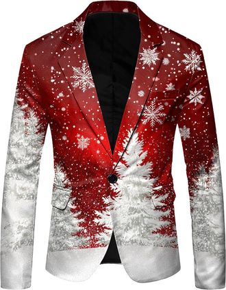 Generic Mens Christmas Suit Jacket Xmas Tree Printed Party Lapel Single Button Long Sleeved Suit Sports Jacket Lightweight Pocket Suit Classic Jackets Christm