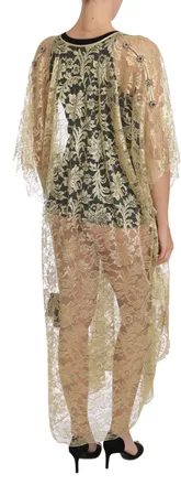 Dolce & Gabbana Gold Floral Lace Crystal Gown Cape Womens Dress