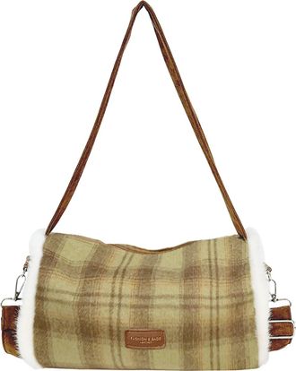 Generic Cymwer Autumn Plaid Crossbody Bag Cylindrical Bag with Zipper Closure for Women (Green)