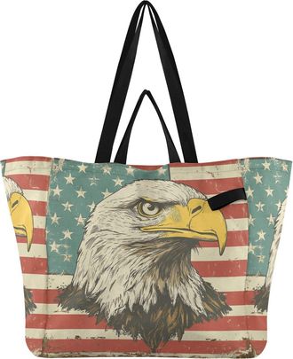 Generic Hawk Beige Flag pattern Reusable Canvas Tote Bag, Heavy Duty Grocery Shopping Bag with Hard Bottom Double Handles Large Capacity Work Groceries Travel