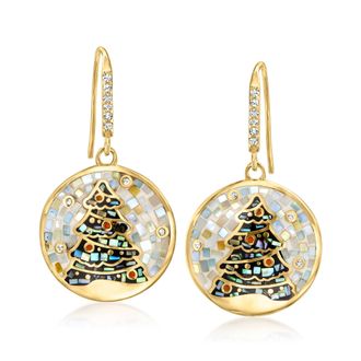 Ross-Simons Multi-Gemstone, Mother-Of-Pearl and Abalone Shell Mosaic Inlay Christmas Tree Drop Earrings With Enamel in 18kt Gold Over Sterling