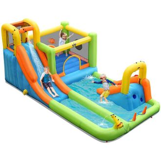Costway Costway Parque Acu&aacute;tico, Casa Inflable Con Doble Tobog&aacute;n, Canasta De Baloncesto, Lanzador De Puntos, Juego De Lanzamiento De Anillos, Pared De Escalad