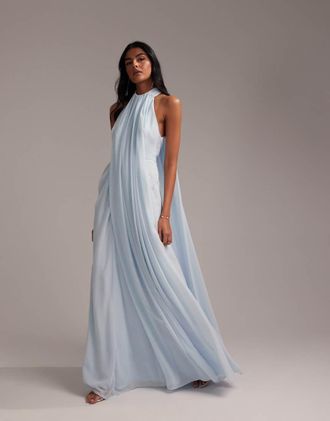 Asos Bridesmaids grecian draped halter maxi dress in light blue