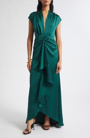 Ramy Brook Catrin Plunge Neck Center Ruched Satin Gown in Deep Emerald at Nordstrom, Size 10