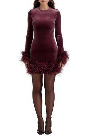 House of CB Lavinia Feather Trim Long Sleeve Velvet Body-Con Cocktail Minidress in Mulberry at Nordstrom, Size X-Small Long