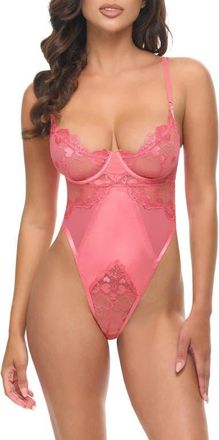 Oh l&agrave; l&agrave; Ch&eacute;ri Alicia Underwire Lace & Mesh Teddy in Pink Lemonade at Nordstrom, Size X-Large