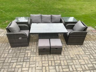 Fimous Outdoor Rattan Furniture Garden Dining Sets Adjustable Rising lifting Table Sofa Set With Chair 2 Small Footstools in Dark Grey