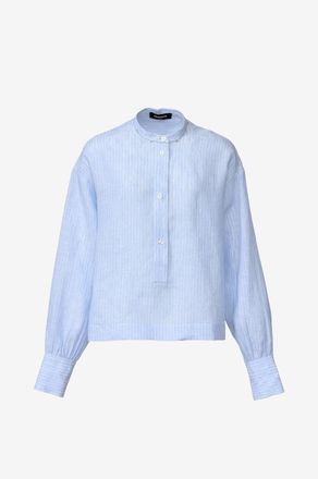 Fabiana Filippi Bluse mit Stehkragen aus Leinen gestreift mit Strass verziert