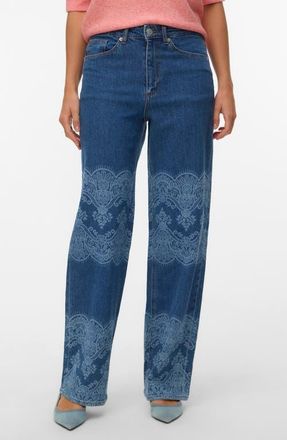 Vero Moda High Waist Laser Print Wide Leg Jeans in Medium Blue Denim Laser Lace at Nordstrom, Size 26