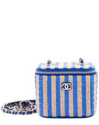 Chanel Blue/Beige Raffia/Jute Canvas Classic Chain Vanity Case, Never Carried (Authentic Pre-Loved)