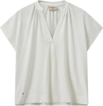 Mos Mosh Elegante V-hals Tee met Plooitjes - Dames - Blouses - Beige - XL - Denim - Overhemden