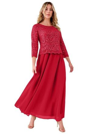 Roaman's Plus Size Sequin Lace Three Quarter Sleeve A-Line Gown in Classic Red at Nordstrom, Size 20P