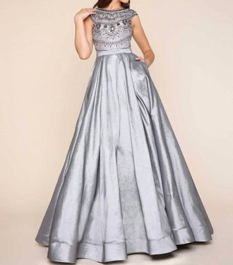 Mac Duggal Taffeta Beaded Ball Gown In Charcoal