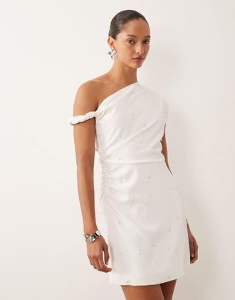 Six Stories Vestito corto da sposa bianco con spalle scivolate e perle